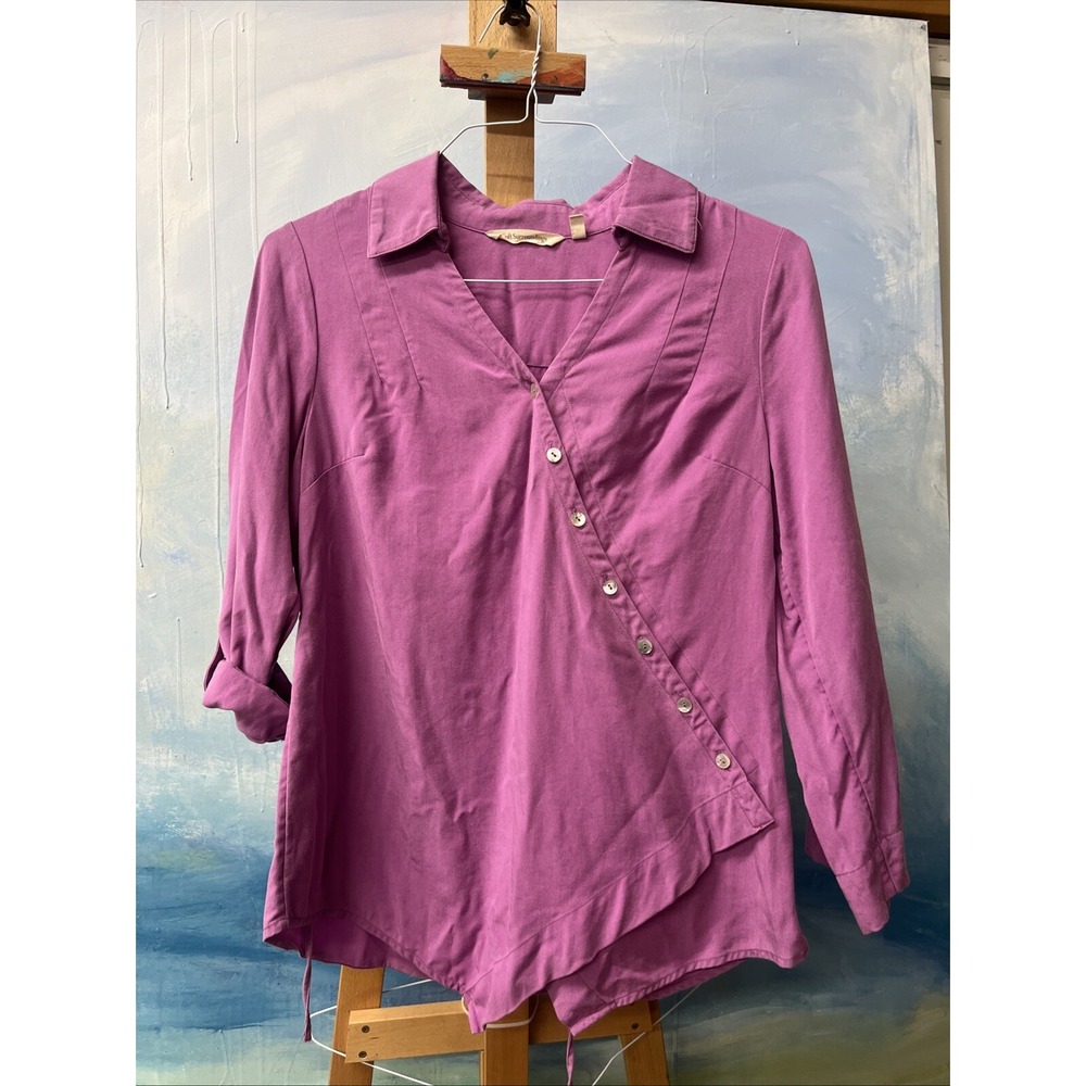 Soft Surroundings Tunic Top Womens Size Small Pet Pink Asymmetrical Roll Tab 3/4